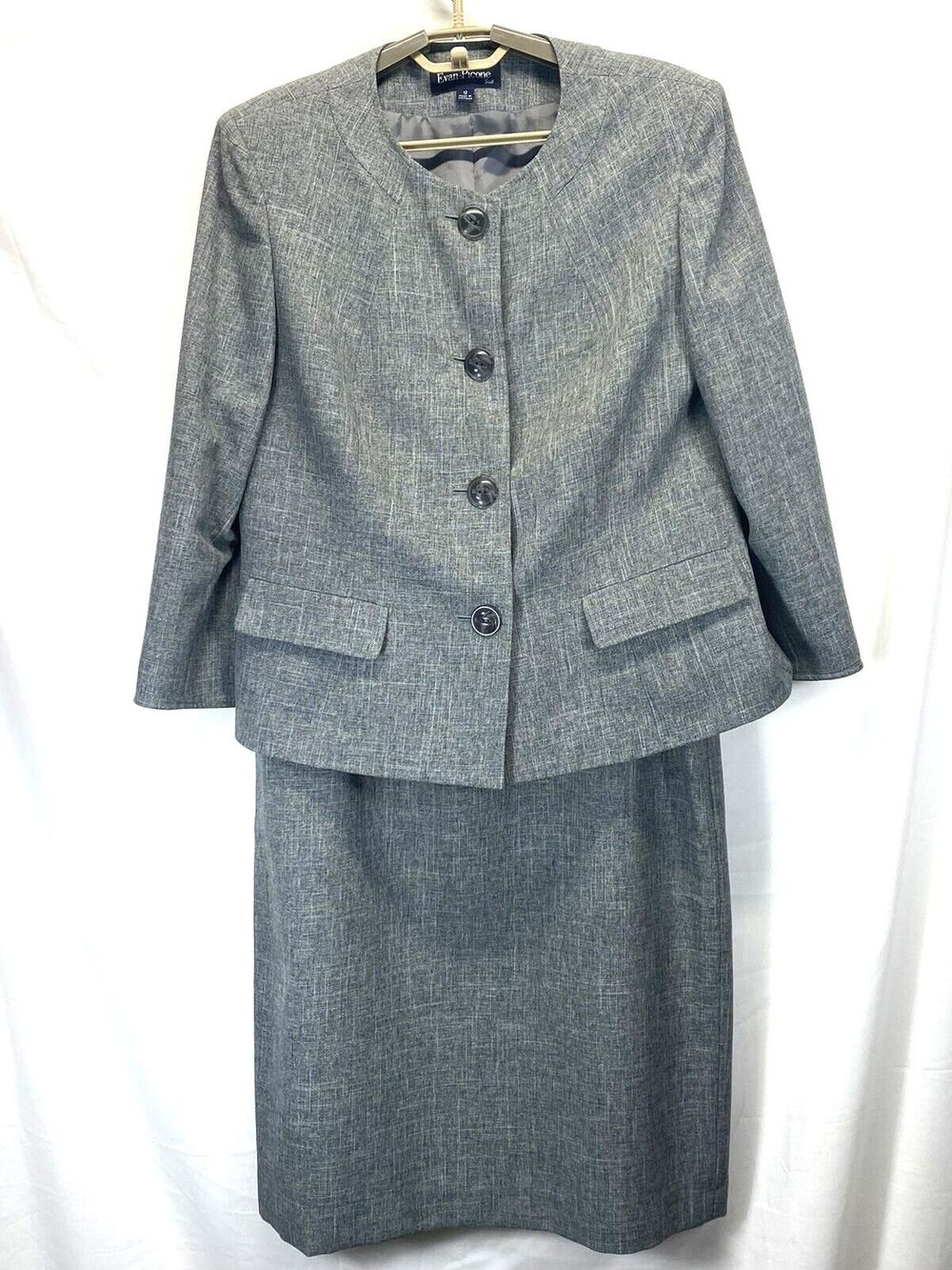 EVAN PICONE Women 2PC Gray Polyester Lined Career Skirt Collarless Suit Size 12